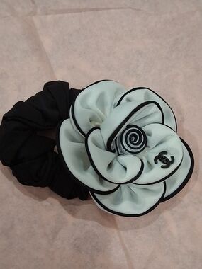 Elegant Black and White Flower Hair Scrunchie with Logo Accent Designer inspired